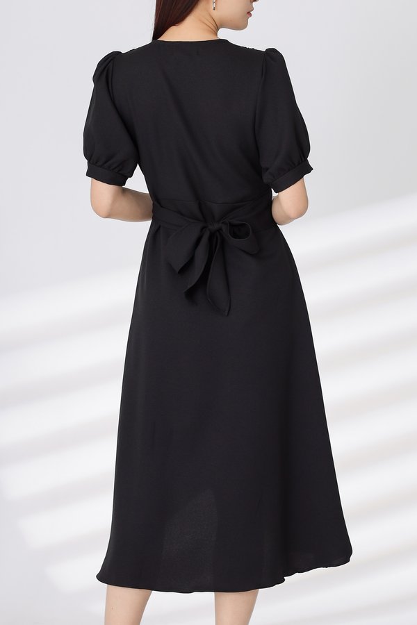 Ayana Wrapped Waist Midi Dress - Black