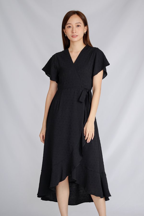 Talisha Surplice Wrapped Midi Dress - Black