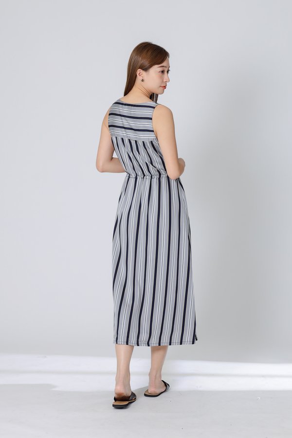 Finley Stripe Drawstring Dress - Silver/Navy
