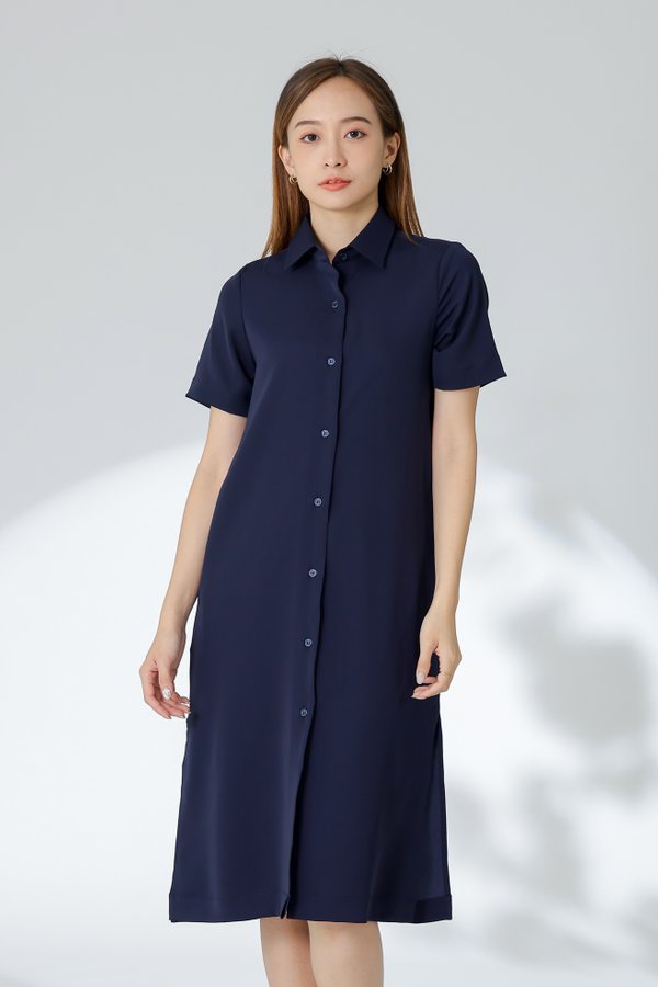Vivian Collared Shirt Dress - Navy