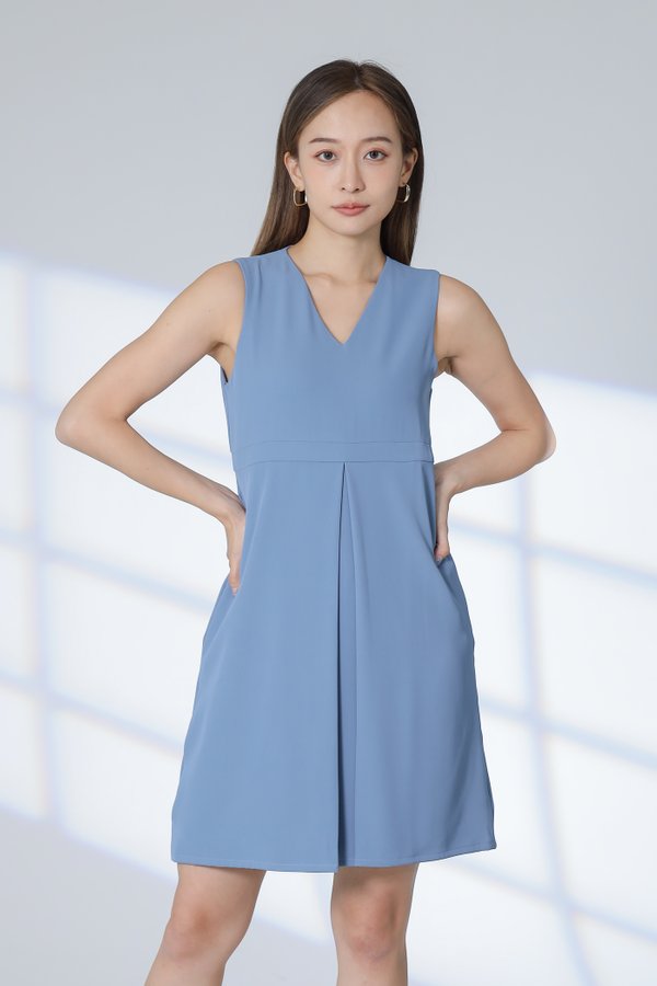 Roza Center Pleat Dress - Steel Blue