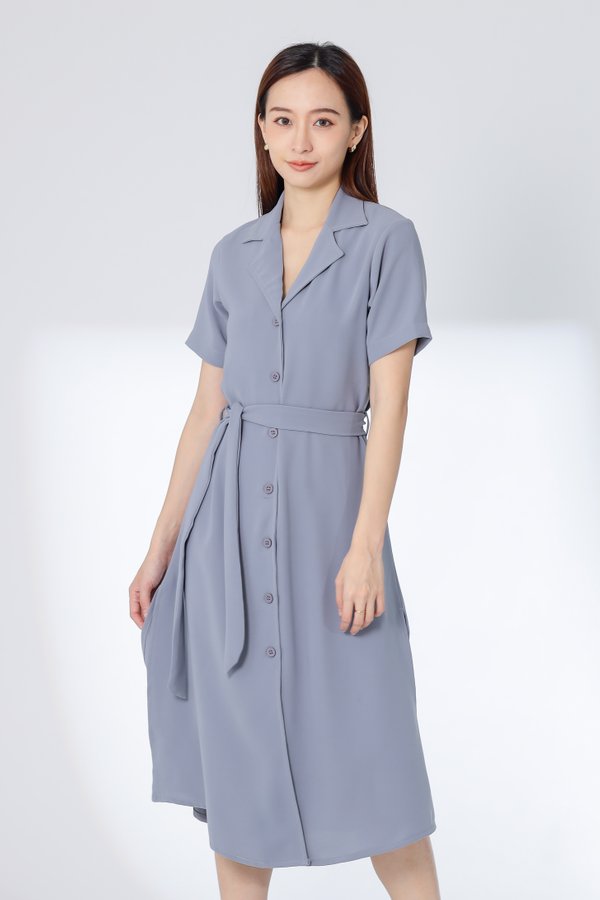 Kelsy Collared Button Down Dress - Grey