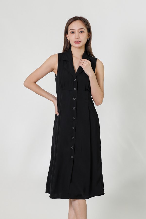 Valene Button-Down Collared Dress - Black
