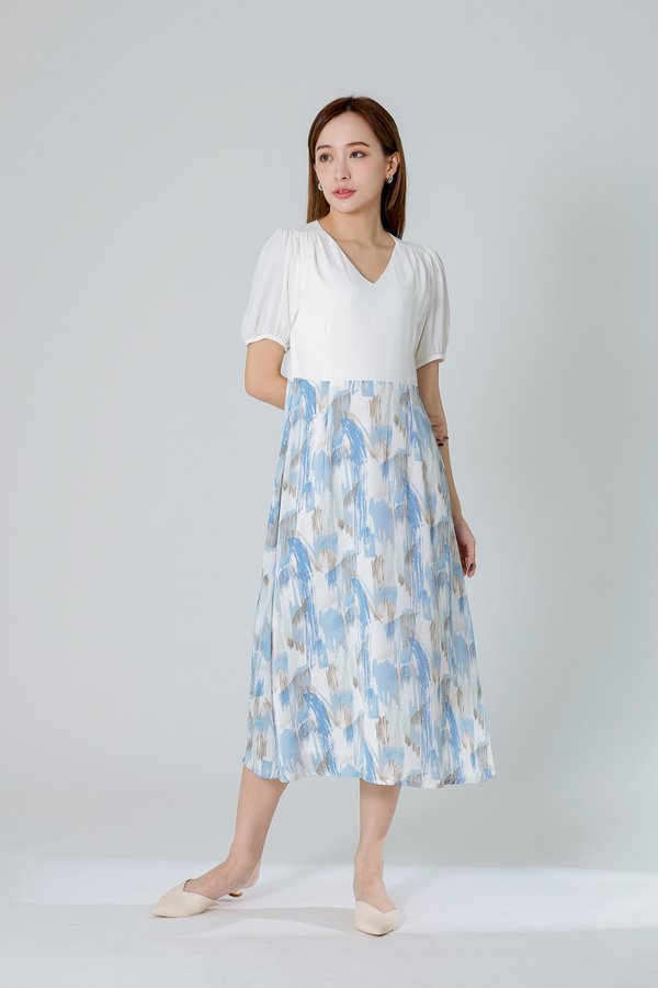 Exi Puff Sleeve Midi Dress - Ivory/Blue
