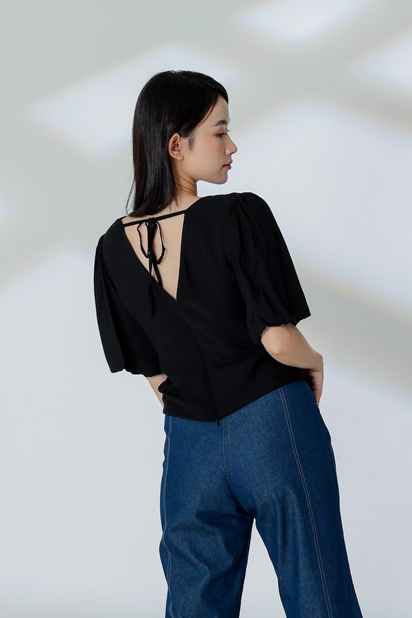 Evalina Lantern Sleeve Blouse - Black