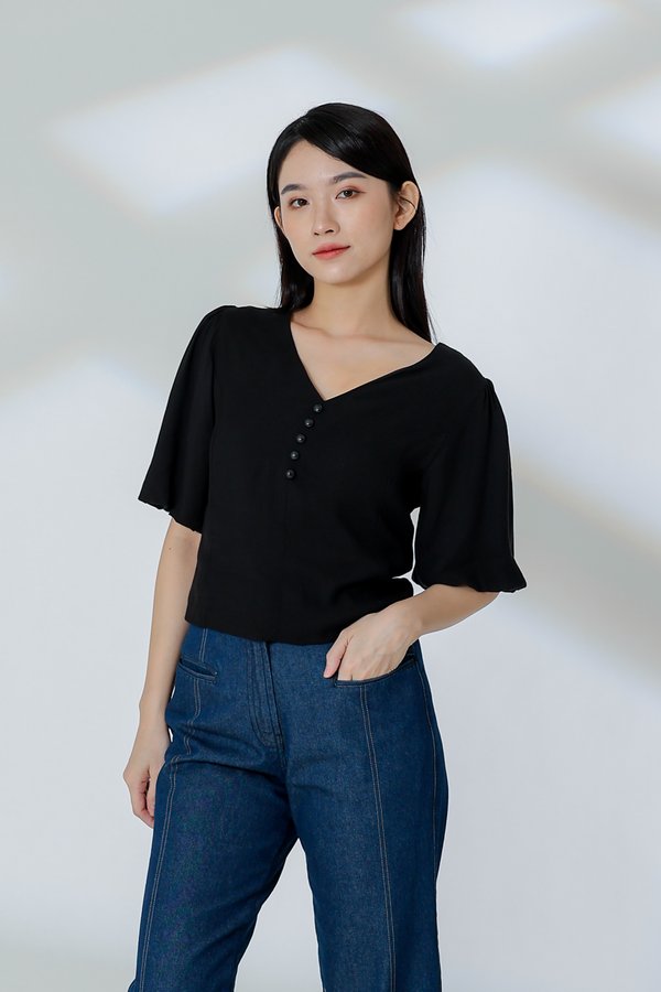 Evalina Lantern Sleeve Blouse - Black