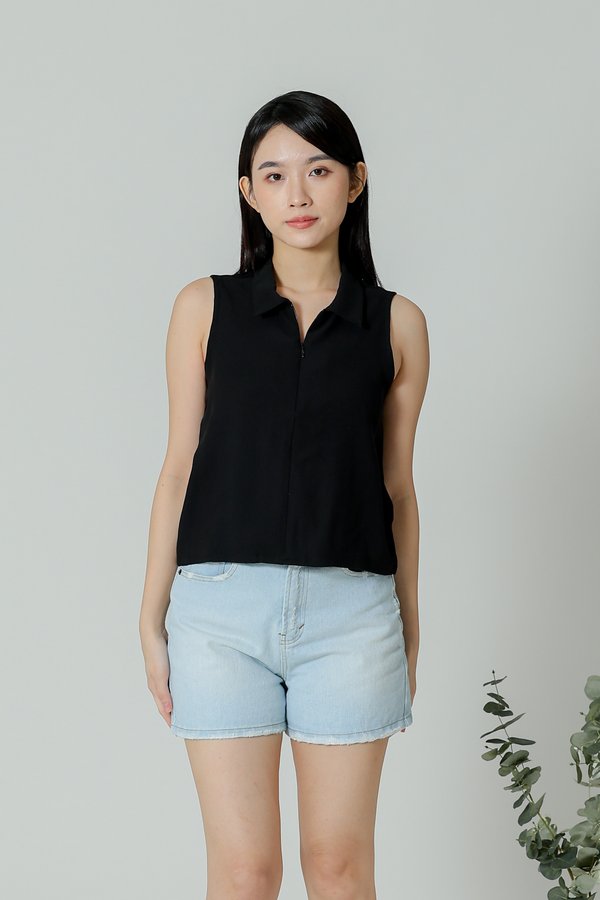 Ella Zip Collar Top - Black