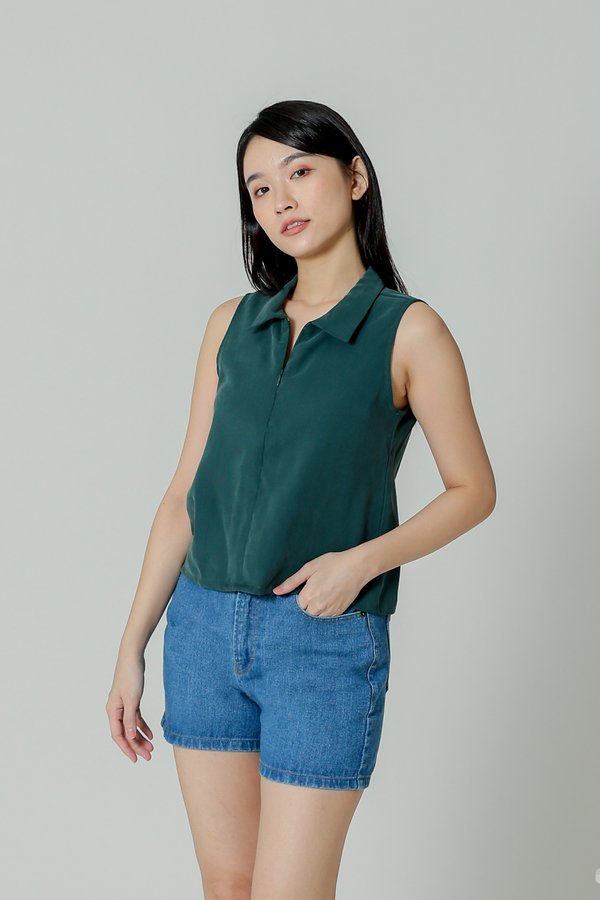 Ella Zip Collar Top - Emerald