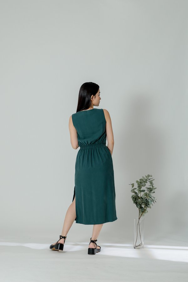 Olivia V-Neck Open Slit Dress - Emerald