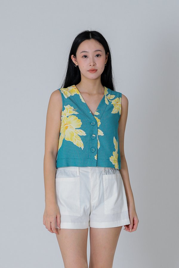 Drika V Neck Printed Top - Teal