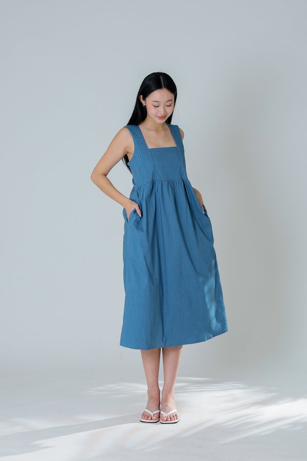 Mindy Square Neck Midi Dress - Denim Blue