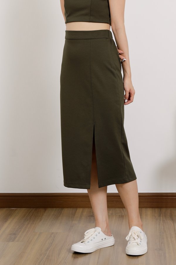 Kaci Midi Skirt with Slit - Olive