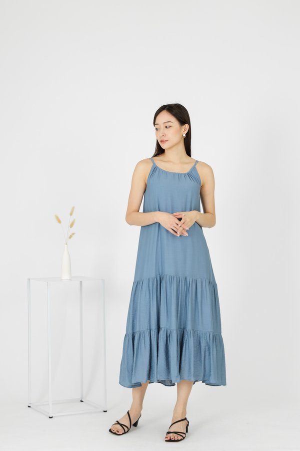 Carmen Ruffles Tiered Midi Dress - Blue