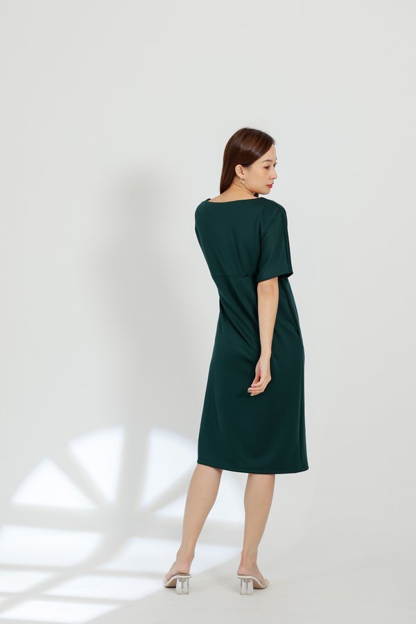 Sarrah Scuba Drape Short Sleeve Dress - Dark Green